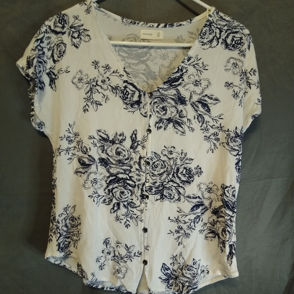 Maurice Floral Shirt Sleeve Button Up Blouse - White and Blue